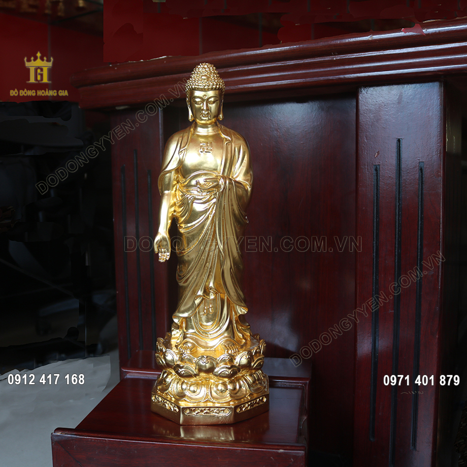 Tượng đồng Th&iacute;ch Ca M&acirc;u Ni d&aacute;ng đứng d&aacute;t v&agrave;ng 24K